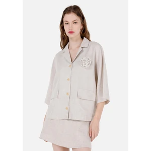 Regular Fit V Yaka  Kadın Bej Uzun Kol Gömlek Cl1068246