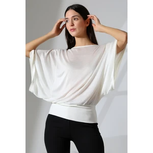 Bogota Kadın Ekru Ajur Jakarlı Rahat Kalıp Parçalı Yarasa Kollu Bluz & Penye Bluz