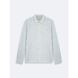 Erkek Çizgili Uzun Kollu Keten Görünümlü Regular Yeşil Gömlek