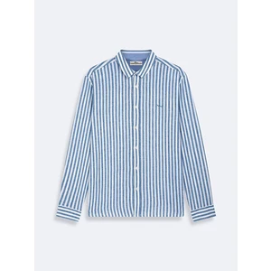Erkek Çizgili Uzun Kollu Keten Görünümlü Regular Mavi Gömlek
