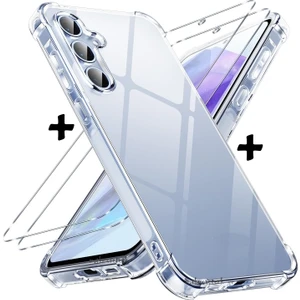 M.tk moveteck Samsung Galaxy A16 Kılıf Köşe Korumalı Darbeye Dayanıklı Antişok Şeffaf Silikon + 9h Ekran Koruyucu Cam 2in1 Set