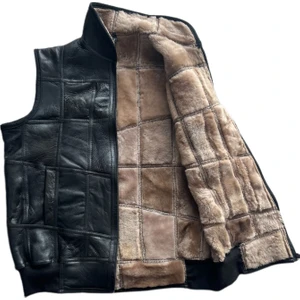 LN Leather Patchwork Içi Kürk-Dışı Süet  Deri Yakalı Biye ve Triko Detaylı Yelek