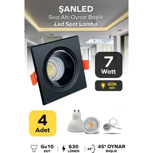 7W Sıva Altı Oynar Başlık GU10 Kare Siyah Gün Işığı LED Spot Lamba-4 Adet