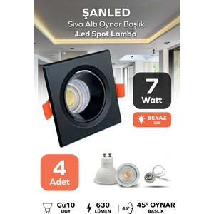 7W Sıva Altı Oynar Başlık GU10 Kare Siyah Beyaz Işık LED Spot Lamba-4 Adet