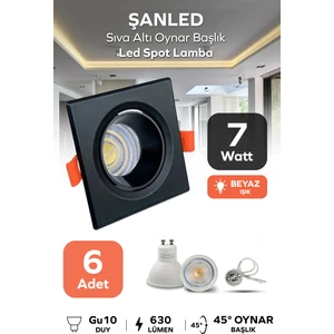 7W Sıva Altı Oynar Başlık GU10 Kare Siyah Beyaz Işık LED Spot Lamba-6 Adet