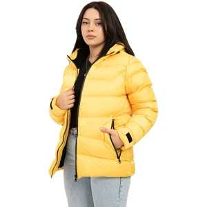 Kadın Sarı Kapüşonlu Içi Polarlı Kürklü Su Geçirmez Rüzgara Dayanıklı Şişme Mont Kaban Parka