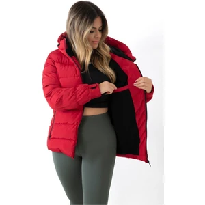 Kadın Kırmızı Kapüşonlu Içi Polarlı Kürklü Su Geçirmez Rüzgara Dayanıklı Şişme Mont Kaban Parka