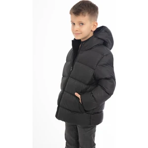 Erkek Çocuk Siyah Içi Polarlı Kapüşonlu Su Geçirmez Rüzgara Dayanıklı Cepli Şişme Kışlık Mont