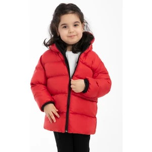 Kız Çocuk Kırmızı Içi Polarlı Kapüşonlu Su Geçirmez Rüzgara Dayanıklı Şişme Kışlık Mont & Kaban