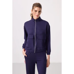 Tommy Life Koyu Mor Yumuşak Dokulu Dik Yaka Oversize Kargo Cepli Kadın Crop Top Sweatshirt - 97301