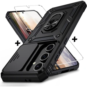 M.TK Moveteck Samsung Galaxy A36 Kılıf Kamera Korumalı Sürgülü Yüzüklü Armor Zırh Tank Kapak + 1 Adet 9h Ekran Koruyucu Cam Set