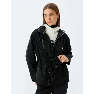 Suni Deri Oversize Yağmurluk Kapüşonlu Beli Bağlamalı Fermuarlı Cepli