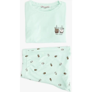 Kaşkorse Viskon Kumaş Kısa Kollu Baskılı Şortlu Pijama Takımı