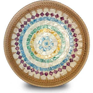 Colourful Design Sedef Kaplama Yuvarlak Rattan Tepsi