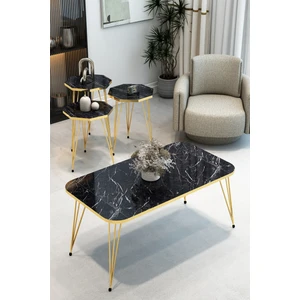 3'lü Sekizgen Zigon Sehpa ve Dikdörtgen Orta Sehpa Takımı Modern Gold Metal Ayaklı  Salon Sehpa Seti