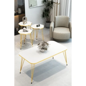 3'lü Sekizgen Zigon Sehpa ve Dikdörtgen Orta Sehpa Takımı Modern Gold Metal Ayaklı  Salon Sehpa Seti