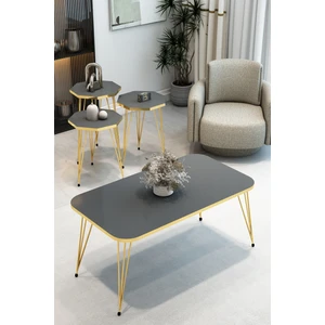 3'lü Sekizgen Zigon Sehpa ve Dikdörtgen Orta Sehpa Takımı Modern Gold Metal Ayaklı  Salon Sehpa Seti