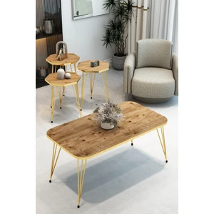 3'lü Sekizgen Zigon Sehpa ve Dikdörtgen Orta Sehpa Takımı Modern Gold Metal Ayaklı  Salon Sehpa Seti