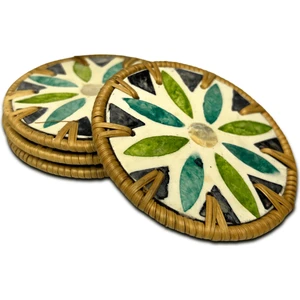 4'lü Blue & Green Design Sedef Kaplama Rattan Bardak Altlığı