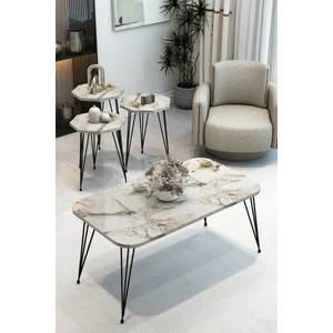 3'lü Sekizgen Zigon Sehpa ve Dikdörtgen Orta Sehpa Takımı Modern Siyah Metal Ayaklı Salon Sehpa Seti