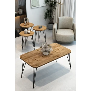 3'lü Sekizgen Zigon Sehpa ve Dikdörtgen Orta Sehpa Takımı Modern Siyah Metal Ayaklı Salon Sehpa Seti