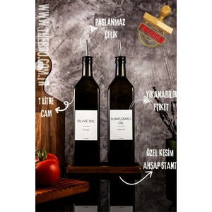 1litre Ahşap Stantlı Yağ Yeşili White Serisi Zeytinyağı Şişesi Ayçiçek Yağı Şişesi Set