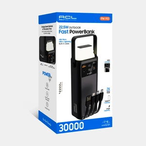 PW-112 22.5W Outdoor Hızlı Şarj Powerbank Siyah – 30.000mAh Kapasite, Çoklu USB Çıkış, Dahili Kablolar, LED Ekran & Kamp Lambası