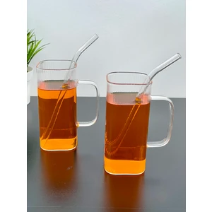 2'li Cam Kare Kulplu Büyük Kupa Meşrubat Bardağı Bardak Cam Pipet Hediyeli 380 ml