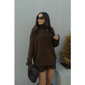 Kahve Pileli Mini Etek Balıkçı Kazak Alt Üst Triko Takım