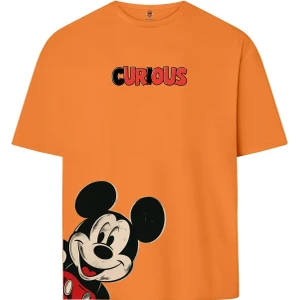 Book OrBook Curious Mickey  Çift Iplik Dokumalı Rahat Kalıp PAMUK T-Shirt