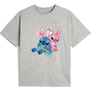 Kaliteli Pamuk Penye Kız  Çocuk Baskılı Tshirt 5 6 7 8 9 10 11 12 13 14 Yaş Lilo Stitch