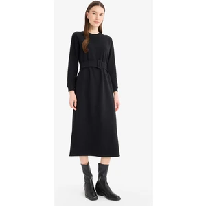 Bisiklet Yaka Basic Düz Selanik Kumaş Uzun Kollu Midi Elbise F4154AX25SP