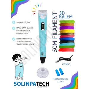 Mavi 3D Pen Üç Boyutlu Yazıcı Kalem 5 Metre 10 Adet Filament ve USB Kablo ile Birlikte (50 Metre)