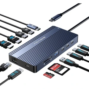 DS0203 14 in 1 USB-C Docking Station, 2x4K60Hz HDMI, 4K60Hz USB-C, 4xUSB-C 10Gbps, 3xUSB-A, Gigabit Ethernet, SD/TF Kart, AUX+Mikrofon, PD 100W Windows/Mac OS Uyumlu