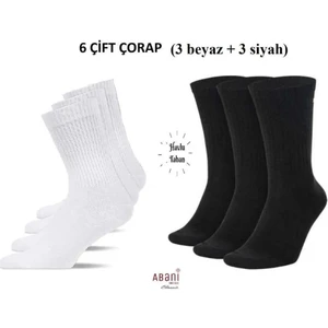 Abani Classic 6 Çift Spor Çorap Beyaz Siyah Uzun Havlu Taban Terletmez