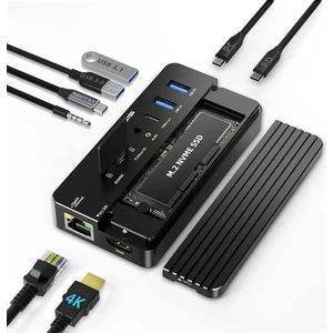 CM073S 10 in 1 USB-C Dock + SSD Disk Kutusu, 10Gbps, 4K60Hz HDMI, PD 100W, Gigabit Ethernet, AUX+Mic, SD/TF Kart, NVMe&SATA, Windows/Mac OS Uyumlu Vidasız Montaj