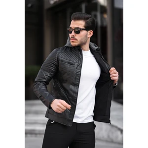 Erkek Kapüşonlu Deri Mont Siyah Su Geçirmez Suni Deri Kış Mevsimi İçin
