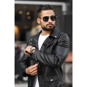 Erkek Biker Kemerli Deri Ceket Siyah