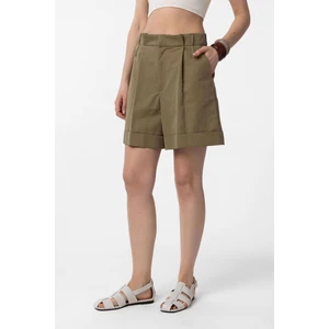 Haki Yüksek Bel Pensli  Kadın Bermuda Şort