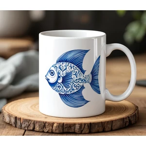 BB Design Mavi Desenli Balık Tasarımlı Beyaz Seramik Baskılı Kupa Bardak 330 ml