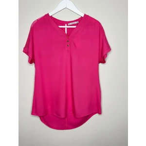 V Yaka Düğmeli Pembe Triko