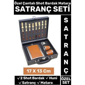 Premium Yüksek Kalite Alkol Konyak Matara 2 Shot Bardak Huni Setli Özel Çantalı Ahşap Satranç Seti