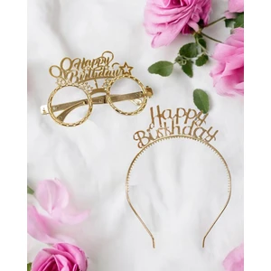 Parti Adresi Happy Birthday Taç Gözlük Set Doğum Günü Parti Aksesuarı Gold  