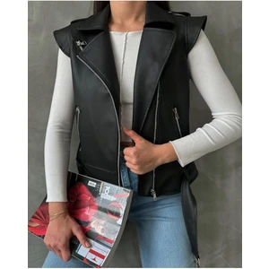 Kadın Siyah Deri Biker Yelek