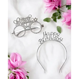 Parti Adresi Happy Birthday Taç Gözlük Set Doğum Günü Parti Aksesuarı Gümüş
