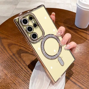M.TK Moveteck Samsung Galaxy S24 Ultra Kılıf Simli Magsafe Wirelles Şarj Destekli Kenarları Taşlı Swarovski Özel Taşlı Kılıf Simli