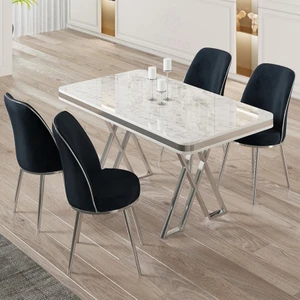 Vals Serisi 80 x 130 Lak Panel Beyaz Mermer Desen Krom Ayak Masa Takımı ve 4 Antrasit Sandalye