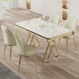 Vals Serisi 80 x 130 Lak Panel Beyaz Mermer Desen Gold Ayak Masa Takımı ve 4 Krem Sandalye