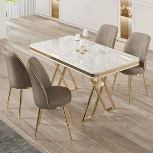 Vals Serisi 80 x 130 Lak Panel Beyaz Mermer Desen Gold Ayak Masa Takımı ve 4 Cappucino Sandalye