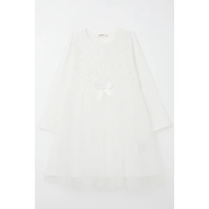 Kız Çocuk Uzun Elbise Çiçek Güpür Nakışlı 4-8 Yaş, Beyaz